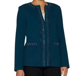 Dennis Basso Plus Size 1X Teal Embellished Crepe Jacket Blazer Career Wear